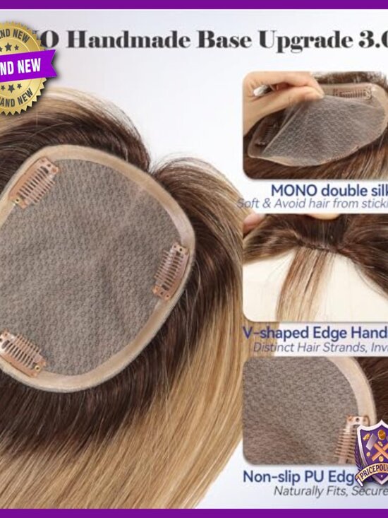 Large Base Human Hair Topper for Thinning Hair, Hand-Tied Mono Base main image 6